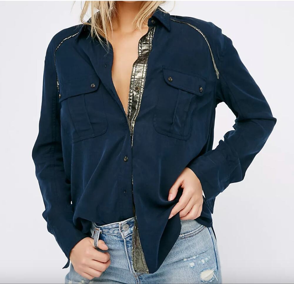 Free People Blue Long Sleeve Off Campus Button Down Tencel Collared Top Size XS